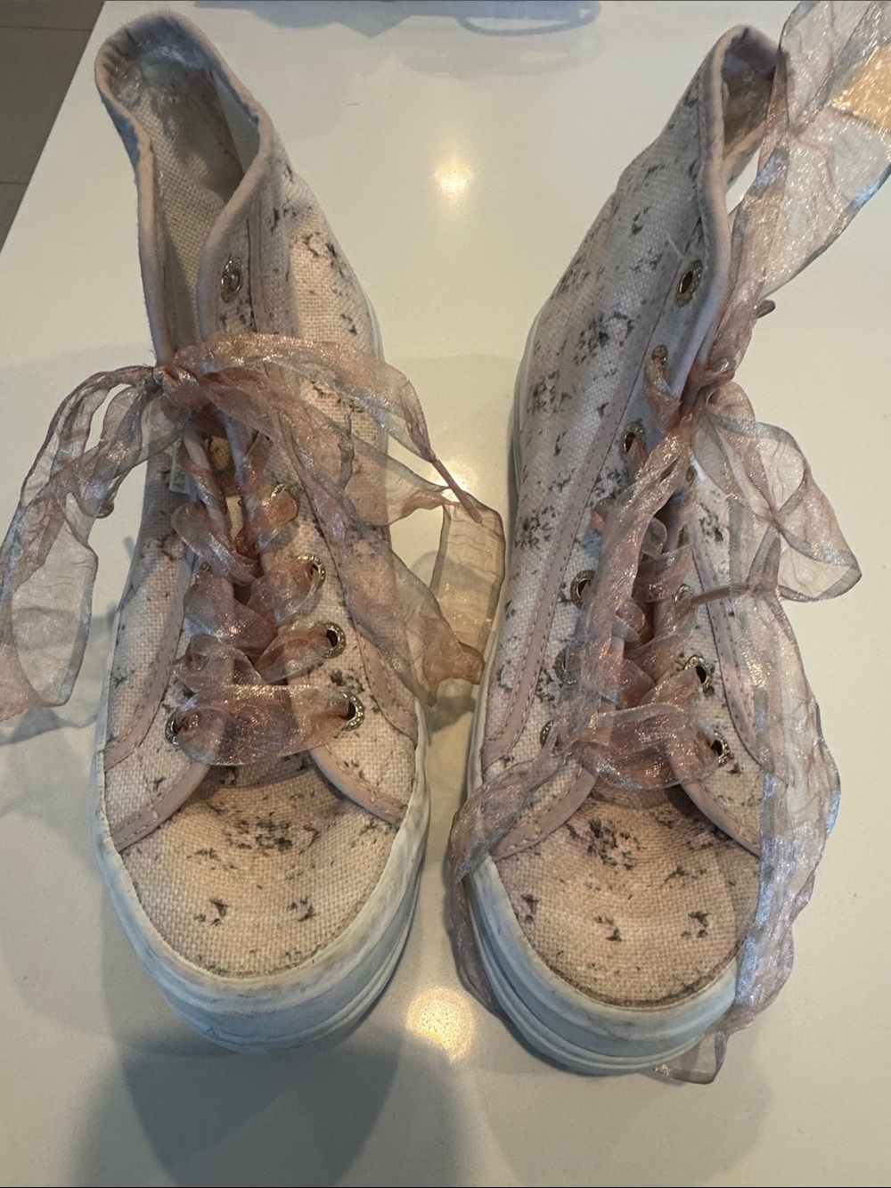 Collab LoveShackFancy x Superga Canvas High-Top Sneakers with Sheer Ribbon Lac